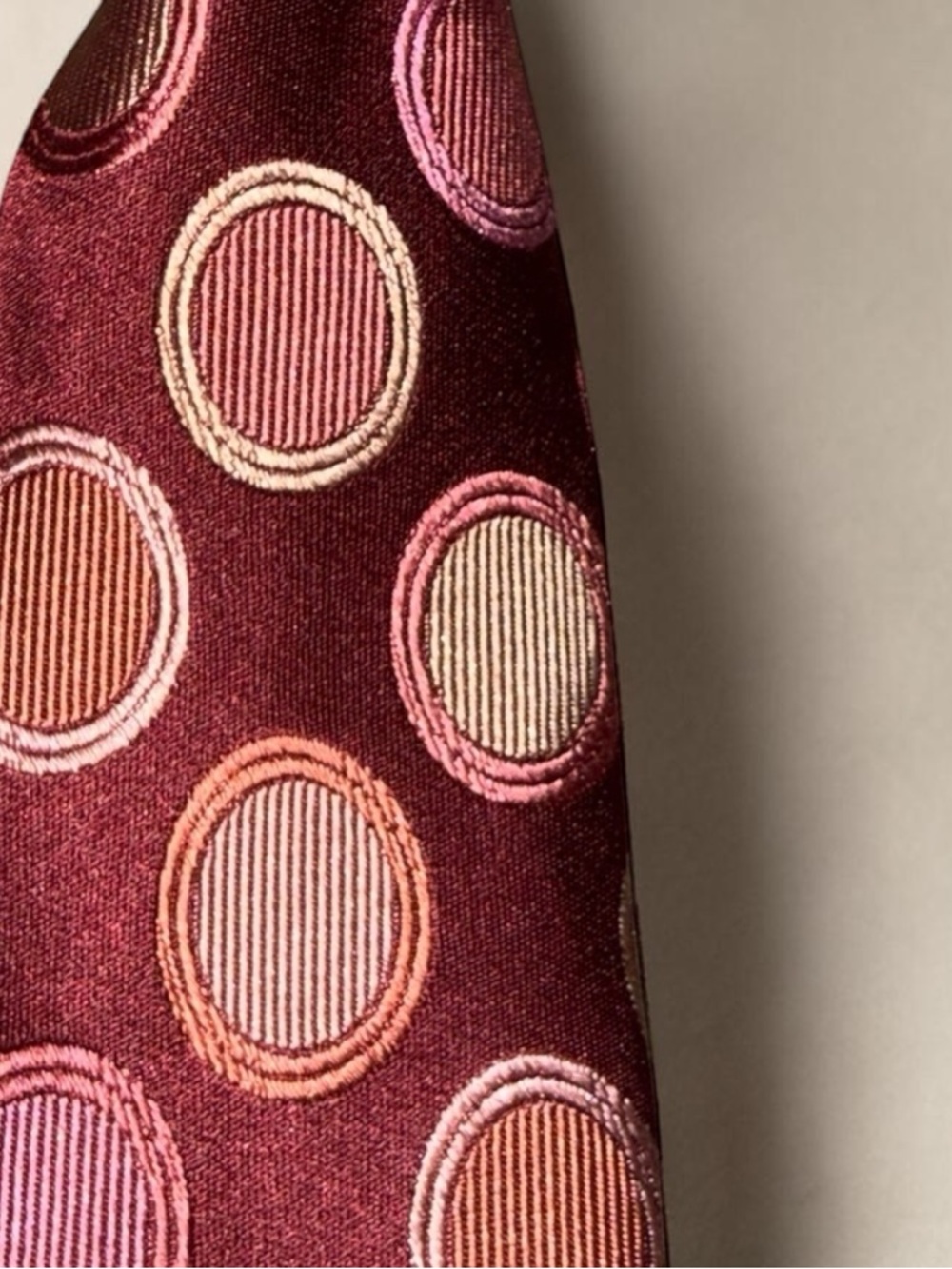 Murano narrow ex- long Maroon Silk Tie with Multi-Color Circular Pattern 100%sil